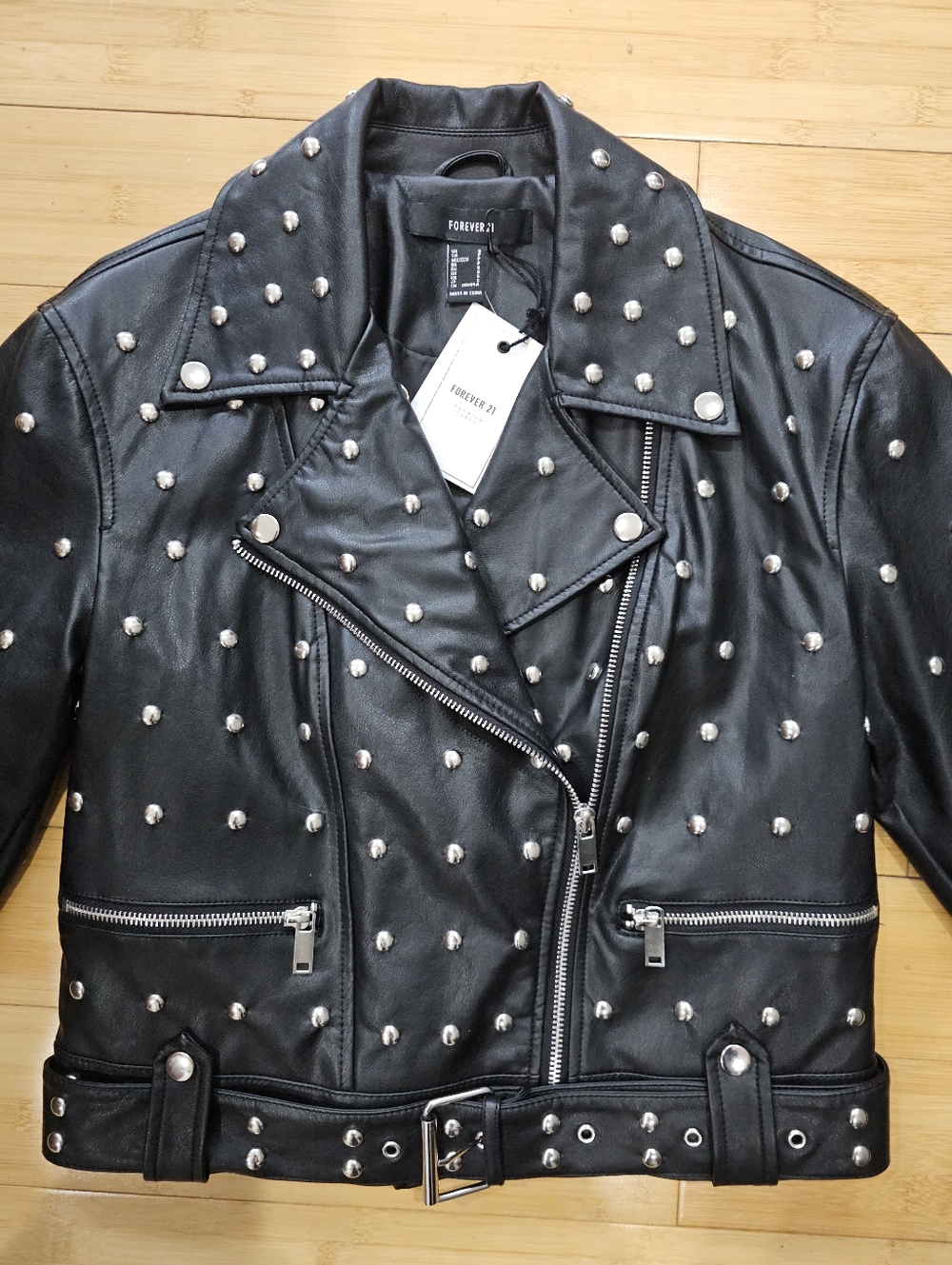 Forever 21 Punk Goth Black Silver Studded Faux Leather Zip Moto Jacket Coat S - Picture 9 of 12